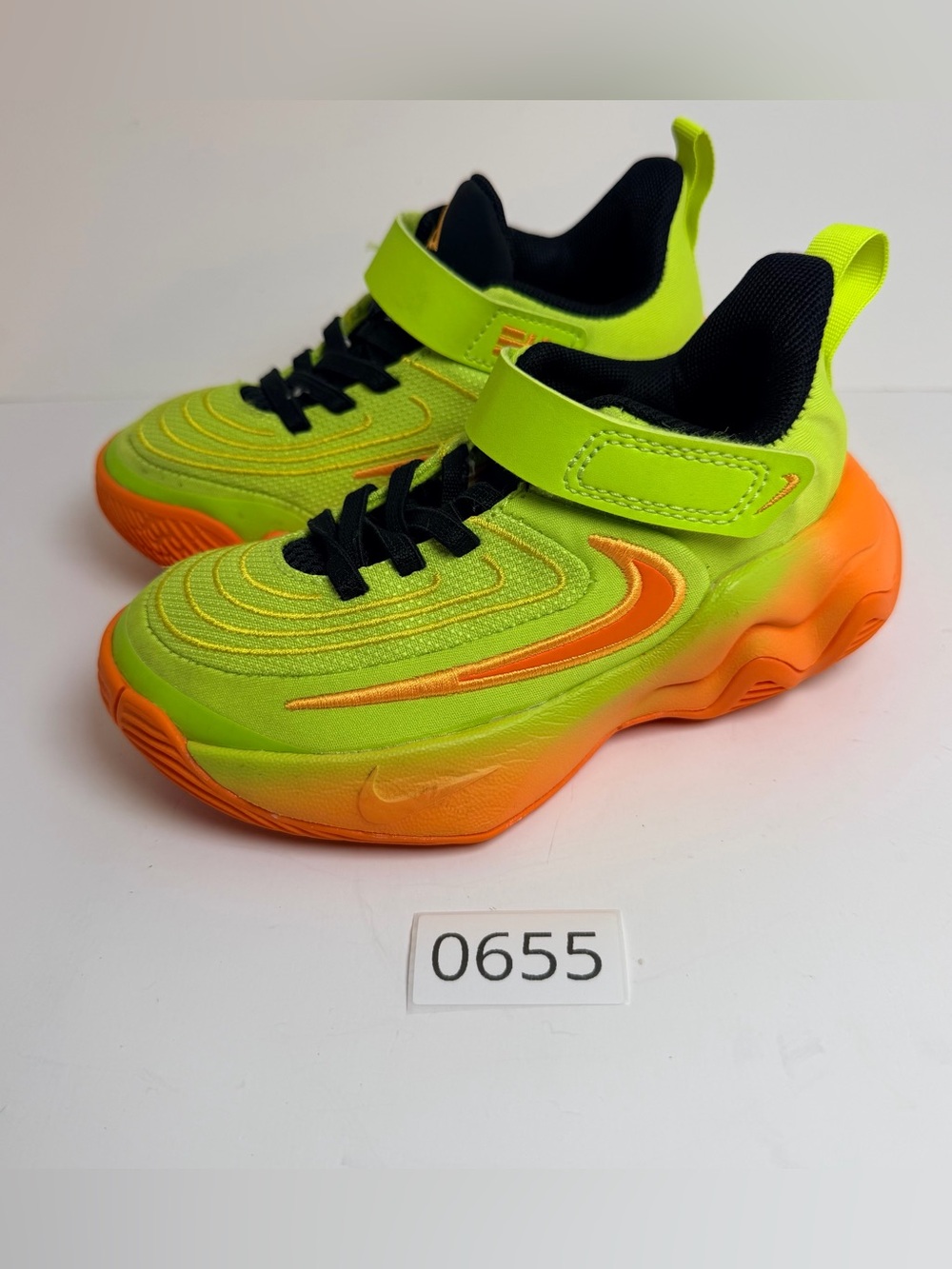 Nike Kids Neon Green and Orange Lightweight Sneakers with Hook Strap